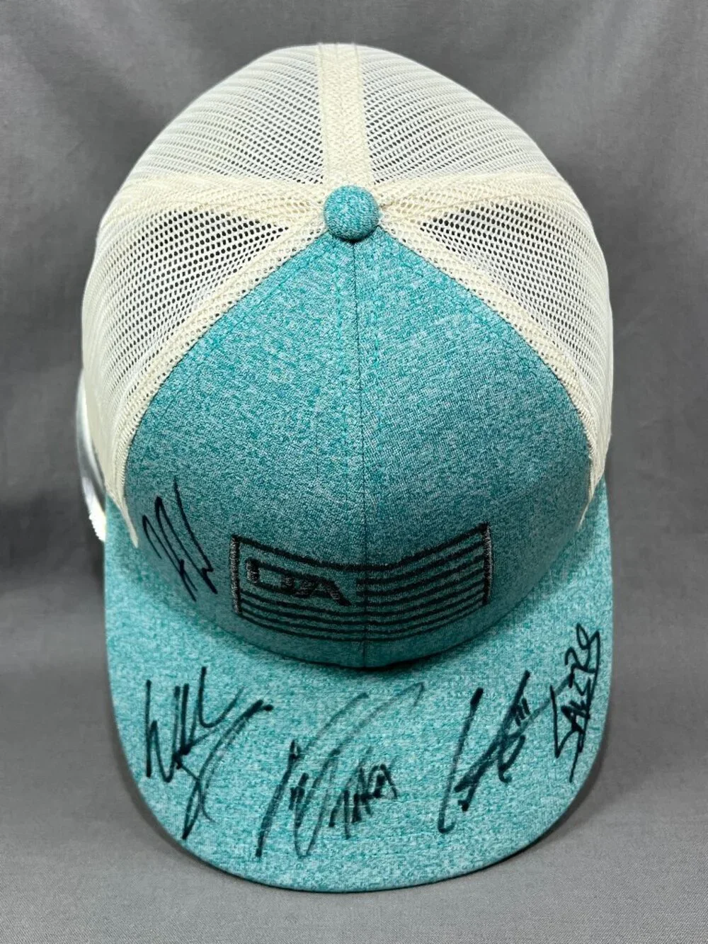 Richardson Trucker Hat Blue Teal Ivory Mesh Snapback Fishing Flag Signatures Cap